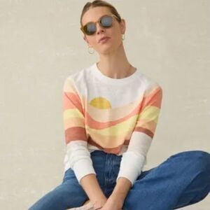 Faherty Sunwashed Slub Sweatshirt XS Sunset Wave Print Organic Cotton Crewneck